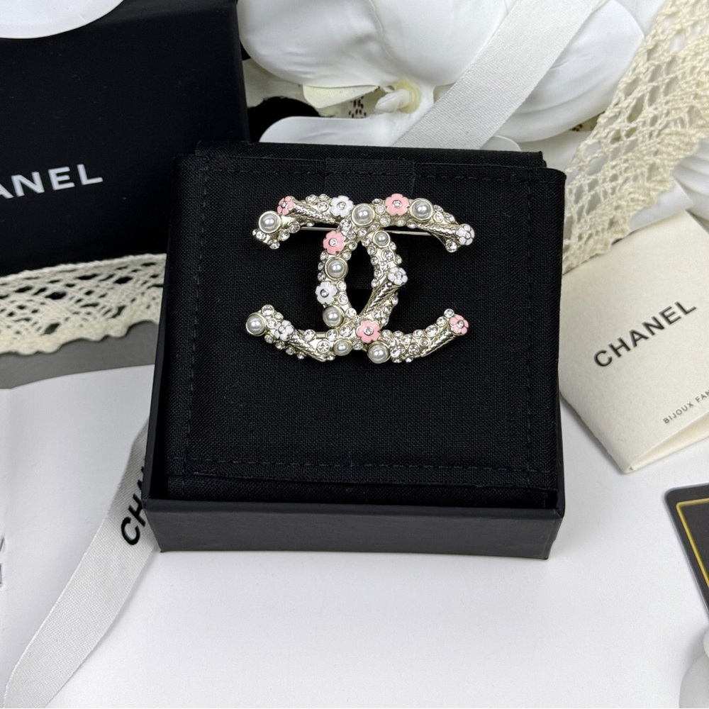 Chanel Silver and Pink Pearl Brooch